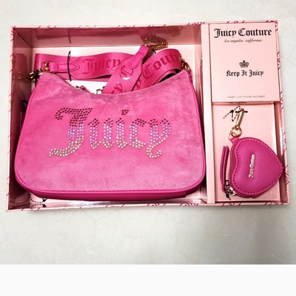 Juicy Couture Pink Shoulder Vegan Leather & Suede Handbag Set